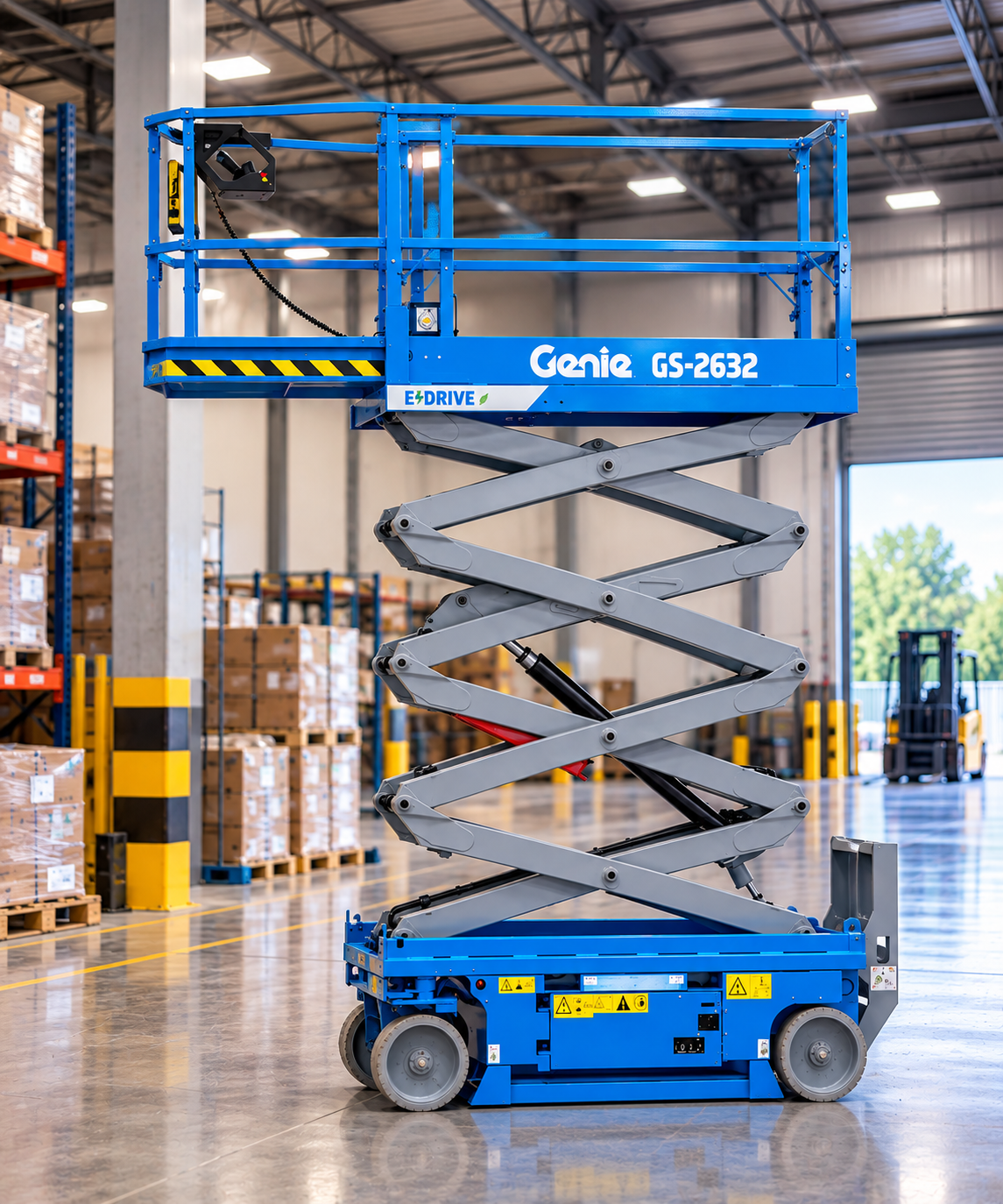 Plataforma tesoura Genie GS-2632 elevada em galpão